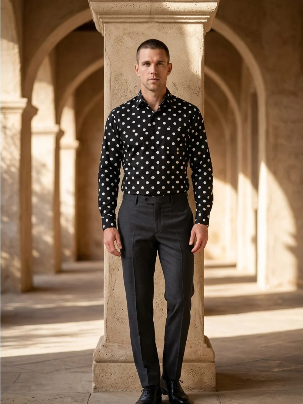 🚘 new 🆕 Men's Black Polka Dot Button-Up Shirt - Classic Style size 18-18.5 34-35